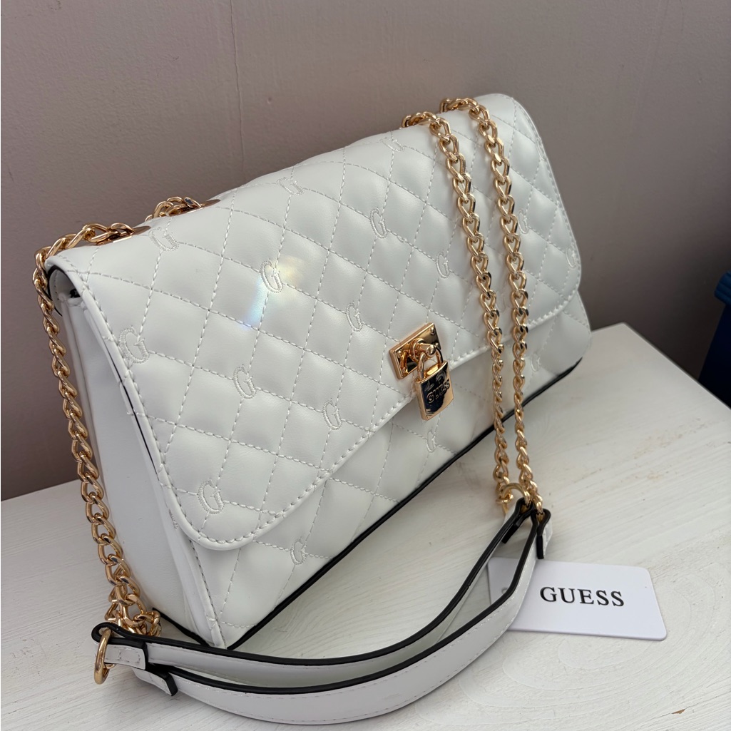 Guess White Quilted Chain-Handle Shoulder Bag With Gold Hardware